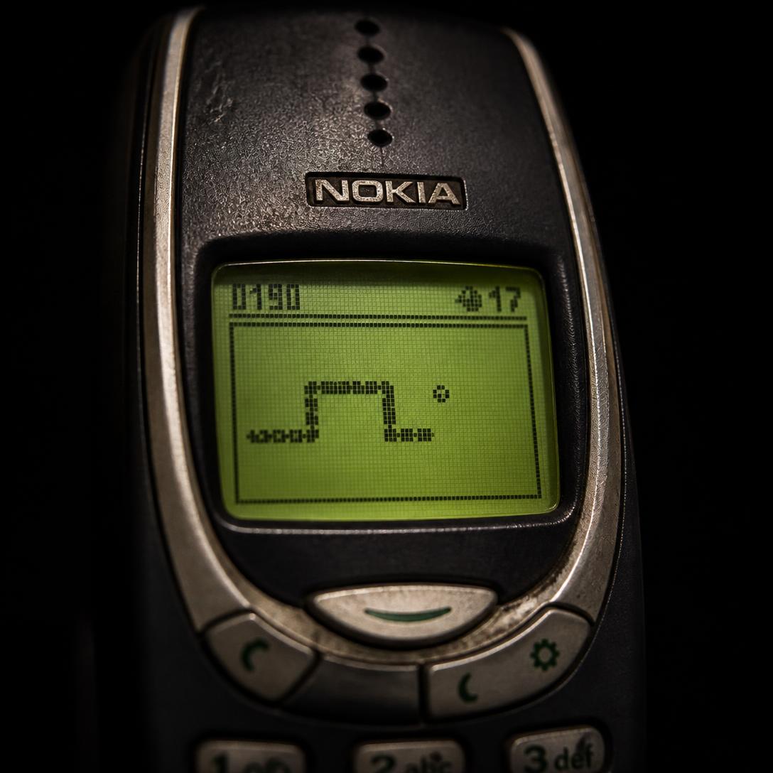Close-up of a Nokia phone's green monochrome display showing the pixelated Snake game