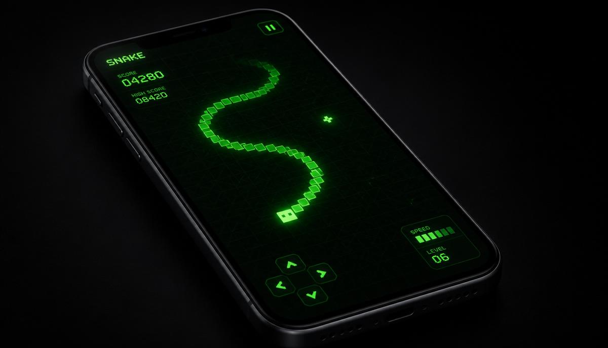 Modern browser Snake game rendered in glowing green pixels on a dark grid